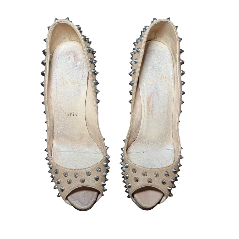 Christian Louboutin Alti Spikes 160 Nude Leather Peep Toe Platform Pumps 38